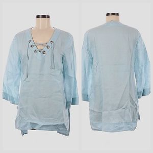 100% Linen Blue Tunic w/ V-neck 3/4 Sleeves, Size M